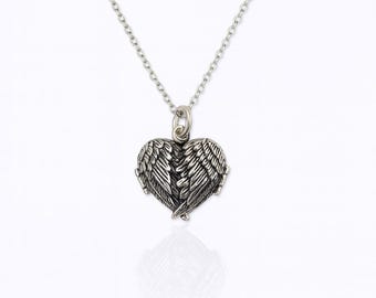 16 mm Chicxy, sterling silver heart locket with photo, angel wing necklace.