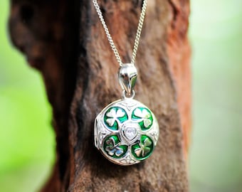 Shamrock Clover Necklace: SOLID Sterling Silver Green Picture Locket With Photo Clover Keepsake