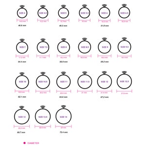 K&ouml;nnte beinhalten: Eine Ringgr&ouml;&szlig;entabelle mit dem Titel RING SIZE GUIDE zeigt einundzwanzig schwarze Ring-Symbole mit US-Gr&ouml;&szlig;en von 4 bis 14, inklusive Zwischengr&ouml;&szlig;en. Jedes Symbol gibt den Durchmesser und Umfang in Millimetern an.