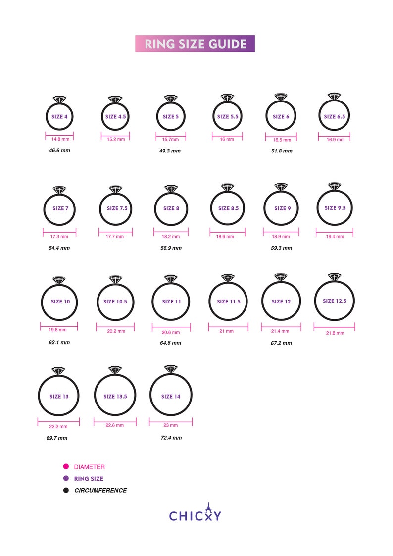 K&ouml;nnte beinhalten: Eine Ringgr&ouml;&szlig;entabelle mit dem Titel RING SIZE GUIDE zeigt einundzwanzig schwarze Ring-Symbole mit US-Gr&ouml;&szlig;en von 4 bis 14, inklusive Zwischengr&ouml;&szlig;en. Jedes Symbol gibt den Durchmesser und Umfang in Millimetern an.