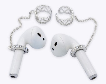 Airpods、Airpods Proホルダーイヤリング：紛失防止イヤーカフチェーン、ソリッドスターリングシルバー、スワロフスキークリスタル