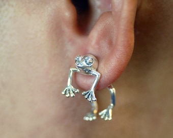 Front Back Frog Earrings, SOLID Sterling Silver Double Sided Earrings, Ear Jacket for Women, 10x18mm 2 part Two Way Earrings Jewelry for her