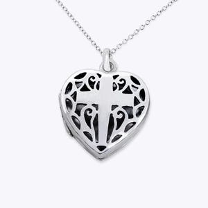 Cross Heart Locket Necklace, 20mm 100% 925 Sterling Silver Filigree Locket Pendant, Photo Locket, Gifts for Couples Him Her