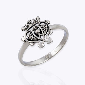 Luckenbooth Scottish Thistle Ring: Sterling Silver Crown Double Heart Jewelry