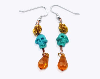 Handmade Skull Gothic Earrings: SOLID Sterling Silver Hooks, Swarovski Crystal, Halloween Witch Earrings