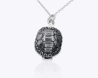 Turtle Necklace Locket: SOLID Sterling Silver Black Good Luck Amulet