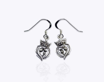 Heart Scottish Thistle Earrings: SOLID Sterling Silver Crown Dangle Jewelry