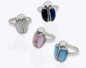 Movable Wings Ladybug Rings for women, 925 Sterling Silver Mother of Pearl Ring, Pink Blue White Insect Miraculous Ladybug Jewelry Gifts