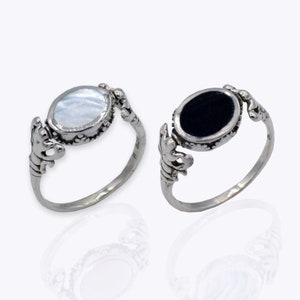 Anillo giratorio de plata de ley, anillos ovalados de ónix negro para mujeres y hombres, anillo giratorio de doble cara, anillo de dos piedras de nácar y concha de abulón