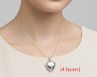 4-LAYERS Heart Photo Locket: SOLID Sterling Silver Multi Layer Memorial Picture Locket Necklace