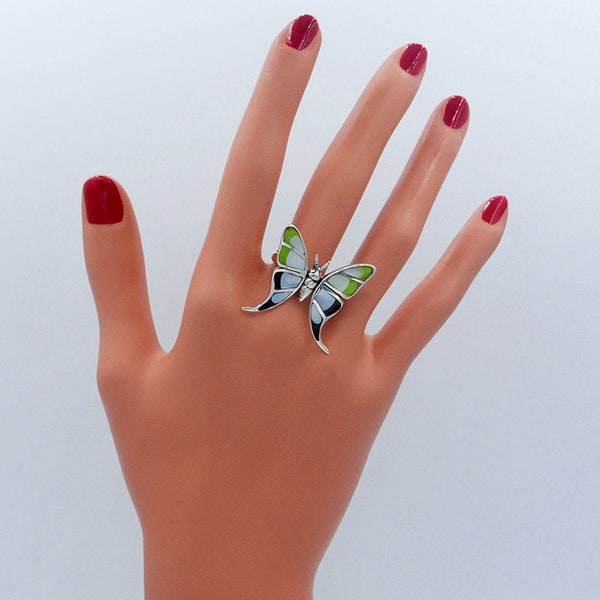 Movable Wings Butterfly Ring, 925 Sterling Silver Colorful Butterfly Jewelry Gifts for her, Green Blue Dyed Mother of Pearl Rings for Women