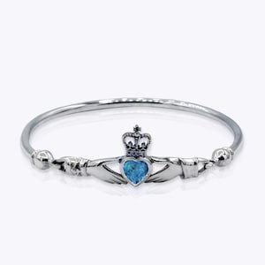 Sterling Silver Claddagh Bangle Bracelet, 60x52 mm Diameter Purple, Green, Blue Heart Bangle for Women. Love Irish Jewelry