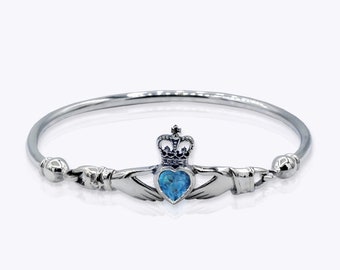 Sterling Silver Claddagh Bangle Bracelet, 60x52 mm Diameter Purple, Green, Blue Heart Bangle for Women. Love Irish Jewelry