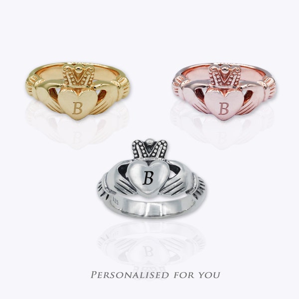 Personalized Initials Claddagh Ring for Women, 2 cm. SOLID Sterling Silver Irish Claddagh Jewelry with 1-micron Gold Pink Gold Plated.