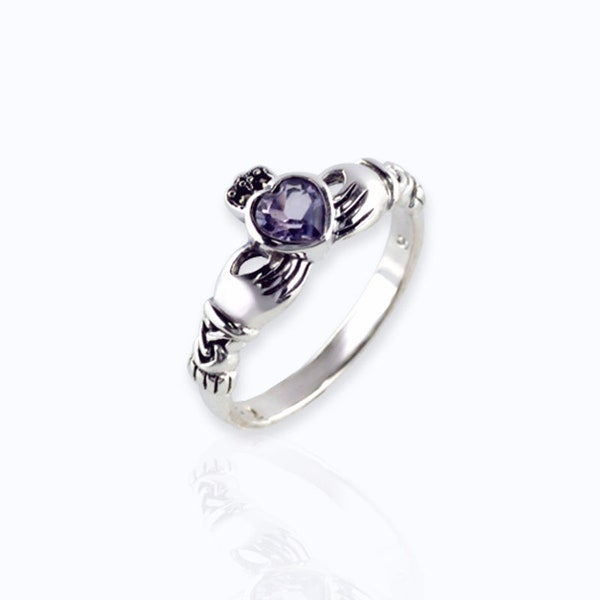 Sterling Silver Claddagh Ring and Authentic Purple Amethyst, Dainty Claddagh Jewelry and Marcasite Heart Ring for Women, Love Irish Jewelry.