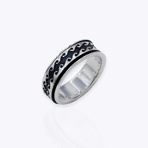 Sterling Silver Fidget Ring, Ocean Anxiety Ring, 7mm Band Black Spinning Spinner Rings, Stress Worry Ring Gifts for him her, Ring Size 11, 9