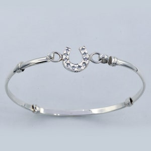 Sterling Silver Horseshoe Bracelet Bangle, 55x45 mm. Diameters Equestrian Jewelry with Small CZ, Good Luck Bracelet Gifts for Horse Lovers