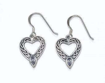 Celtic Open Heart Earrings, 925 Sterling Silver Colorless CZ Earrings for Women, 20mm Cool Drop Dangle Earrings, Gifts for her