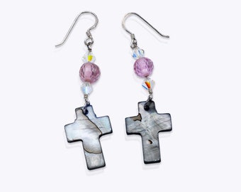 Handmade Cross Earrings: Pink Crystal Beaded Dangle Jewelry, Sterling Silver Hooks