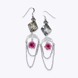 Handmade Pink Rose Earrings, Swarovski Crystal Earrings for women, Fancy Long Earrings, Chandelier Earrings, Bridesmaid Bridal Jewelry