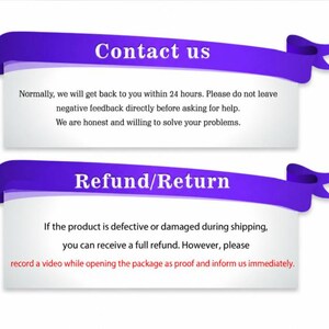 K&ouml;nnte beinhalten: Zwei wei&szlig;e rechteckige Informationskarten mit violetten bandartigen Kopfzeilen. Die obere Karte tr&auml;gt die Aufschrift Contact us und enth&auml;lt Anweisungen zum Kundensupport. Die untere Karte tr&auml;gt Refund/Return und Richtlinien f&uuml;r besch&auml;digte Artikel.