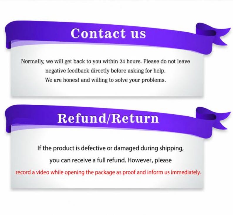 K&ouml;nnte beinhalten: Zwei wei&szlig;e rechteckige Informationskarten mit violetten bandartigen Kopfzeilen. Die obere Karte tr&auml;gt die Aufschrift Contact us und enth&auml;lt Anweisungen zum Kundensupport. Die untere Karte tr&auml;gt Refund/Return und Richtlinien f&uuml;r besch&auml;digte Artikel.