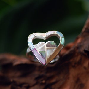 Colorful Rainbow Heart Ring - SOLID Sterling Silver Pastel Mother of Pearl Ring