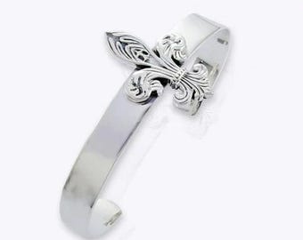 Fleur De Lis Cuff Bracelet Bangle,  65x55mm Diameter 100% SOLID Sterling Silver Bangle, New Orleans Jewelry, Gifts for Her.
