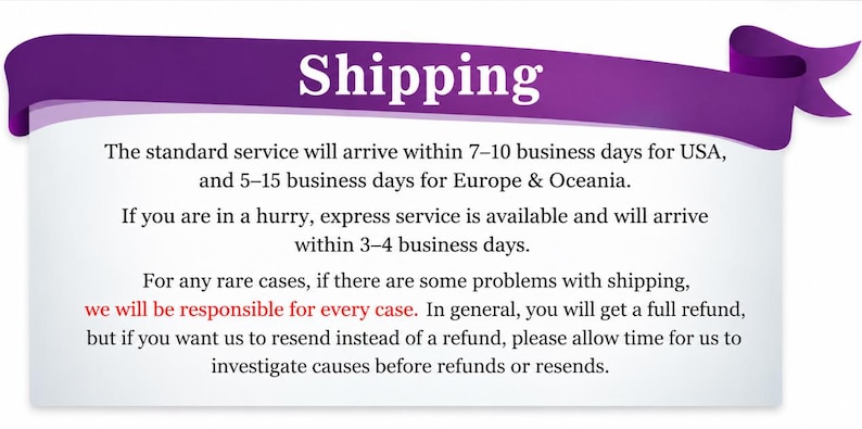 K&ouml;nnte beinhalten: Eine rechteckige wei&szlig;e Informationskarte mit einem violetten Banner am oberen Rand, auf dem das Wort Shipping in wei&szlig;er Schrift steht. Die Karte enth&auml;lt schwarzen Text, der die Lieferzeiten f&uuml;r die USA, Europa und Ozeanien sowie die R&uuml;ckerstattungsrichtlinien beschreibt.