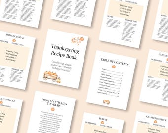 Puede incluir: Una colección de páginas de recetas blancas con temática de Acción de Gracias. La portada del "Thanksgiving Recipe Book" presenta una ilustración de acuarela de calabazas y un carro. Otras páginas incluyen una tabla de contenidos y vistas previas de recetas.