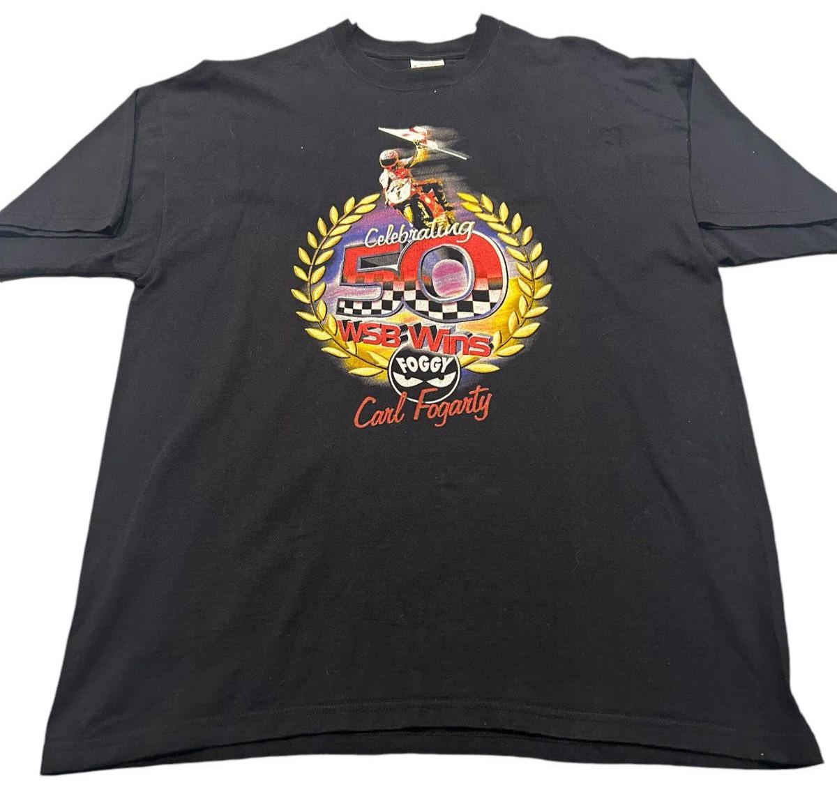 Vintage jaren 90 Carl Fogarty "Foggy" 50 WSB Wins Super Bike zwarte T-shirt heren XL