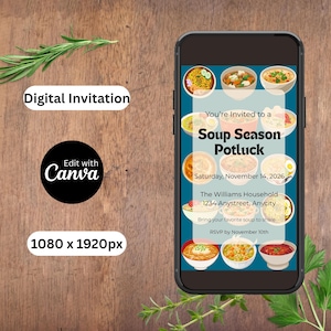 Peut inclure: Un smartphone affichant une invitation numérique pour un Soup Season Potluck le 14 novembre 2026, chez The Williams Household. L'écran présente un fond bleu foncé avec divers bols de soupe et des détails textuels, dont RSVP avant le 10 novembre.