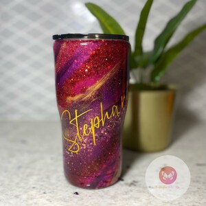 Glitter Milky Way Stainless Steel Travel Tumbler in Red and Burgundy Glitter Swirl Pattern