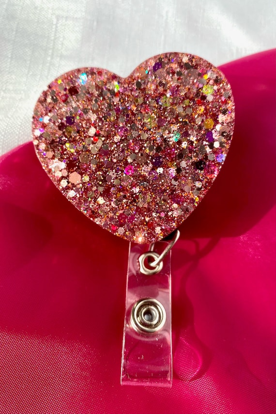Pink and Rose Gold Limited Custom Glitter Mix Heart or Round Badge Reel  With Holder 