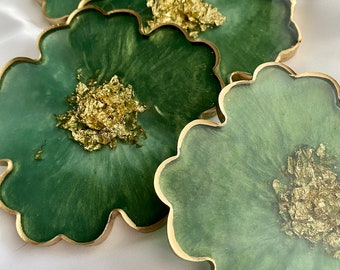 Green and Gold Flower Shaped Handmade Epoxy Resin Coasters