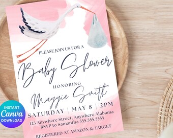 Stork Baby Shower Pink Editable Invitation Digital Download