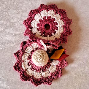 Hanging 1970's Croched Pincushion. Needle Case. Needle Accessories. Swedish. Plastic Thimble, Needles and Safety Pin. Cotton Yarn.