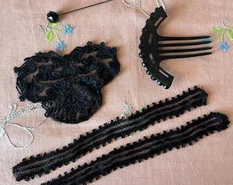 Victorian Clothes Decorations. 1 Steel and Glass Hat Pin. 1 Hair Comb. 1 Black Fabric Embellishment with Black Beads. 2 Silk Bead Ribbons.