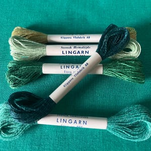 Può includere: Una collezione di matassine di filo da ricamo verdi e turchesi. Le matassine sono etichettate con testo tra cui "Svensk Hemslöjds LINGARN" e "Klippans Yllefabrik AB". I colori del filo vanno dal verde chiaro al turchese intenso, con sfondo turchese.