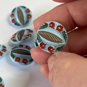 May include: A selection of light blue, circular buttons featuring a central brown design and red floral detailing. The buttons have a raised, textured finish and are arranged on a white surface. The buttons are held by a hand.