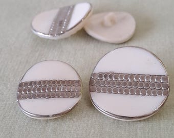 Vintage White Glass Buttons, Silver Lustre Stripe, 1940s-50s (Set of 4)