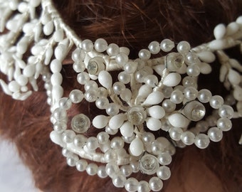 Antique Waxed Bridal Flower Headpiece. Flower Bud Crown. Probably from the 1920&#39;s. Big Middle Piece Flower. With pearlized beads.
