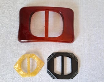 Vintage Plastic Slider Buckles: Red Nylon, Yellow Celluloid (Set of 3)