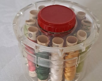 Vintage 1970s Thread Holder: Soviet-Made Clear Plastic Container with Silk Threads