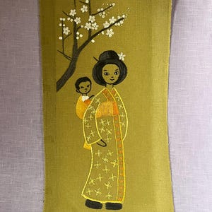 スウェーデンの手刺繍DIY作品。リネン糸をリネンに刺繍。クラフトプロジェクトに最適です。様々なステッチで仕上げました。日本の母と子。