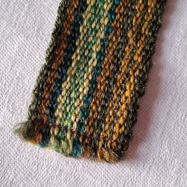Hand Woven/Tablet Woven Ribbon Belt/Viking Trim. Made of Wool in the North of Sweden in the 1970's. Striped Pattern in 7 Green Colours.