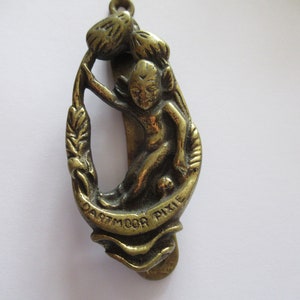 Puede incluir: Un llamador de puerta de latón con forma de duende que sostiene una rama con hojas. El llamador es de forma ovalada y tiene la inscripción "Dartmoor Pixie".