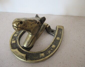 Vintage Heavy Solid Brass Lucky Horse Shoe Horse Head Brass Door Knocker