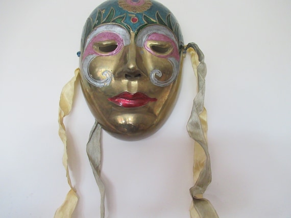 Vintage Painted Brass Mardi Gras Mask, Female Mask, Hanging Mask