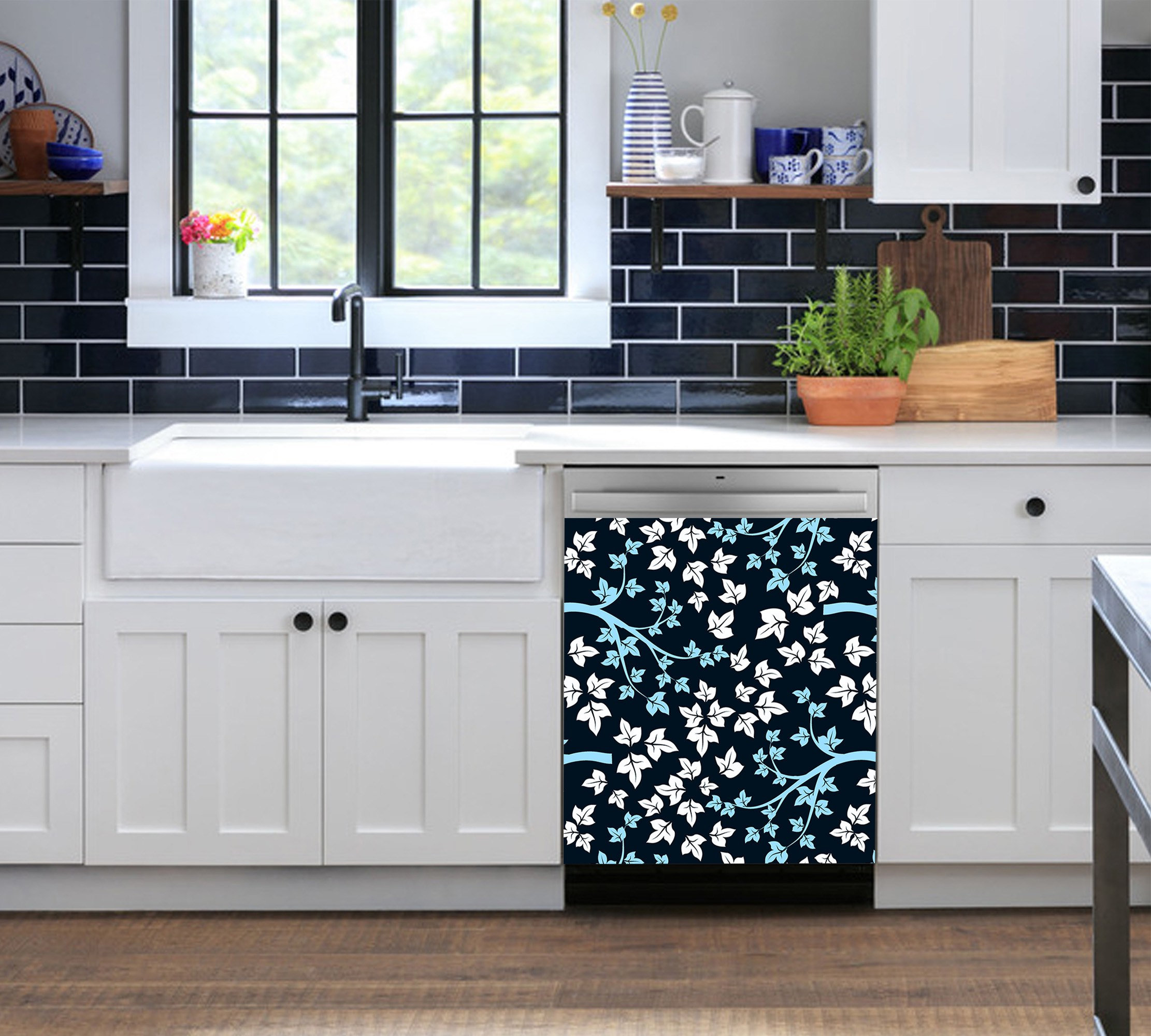 Blue Leaves Dishwasher Cover White Flowers Dishwasher Skin Dishwasher